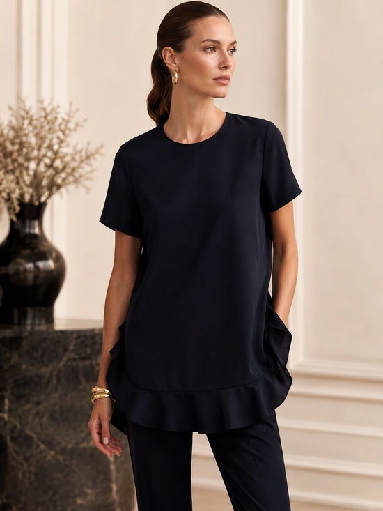 Escada Tops - Escada Navy/Black Virgin Wool Ruffle Hem Tunic Top | Size 34 | NWOT
